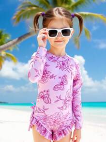 小女孩夏季海滩度假可爱蝴蝶结花卉数码印花3D蝴蝶结荷叶边拉链连体泳衣