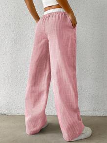 SHEIN Teen Girls' Blue & White Contrast Waistband Casual Versatile Woven Striped Wide Leg Pants - Red and White - View 2