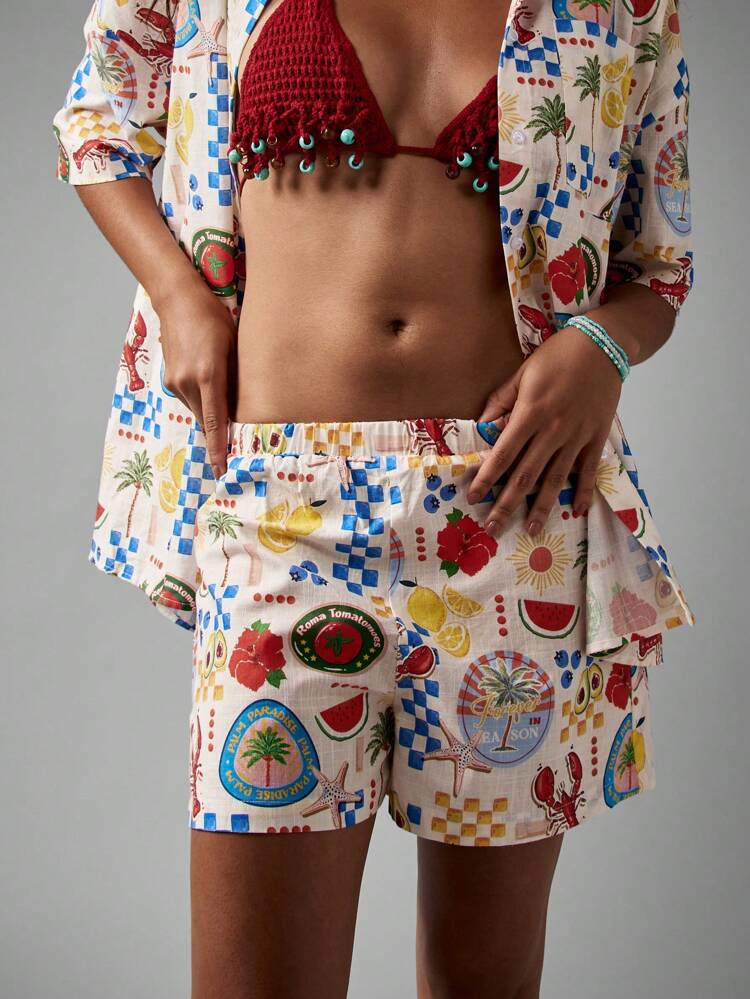 Tropical Print Shirt And Shorts Set With Paradise Pattern