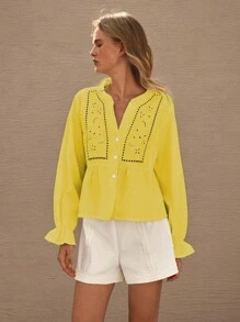 Lumivelle Women's Vacation Casual Solid Color Hollow Out Embroidery Blouse Casual Spring For University Fall For Women - Yellow - View 6