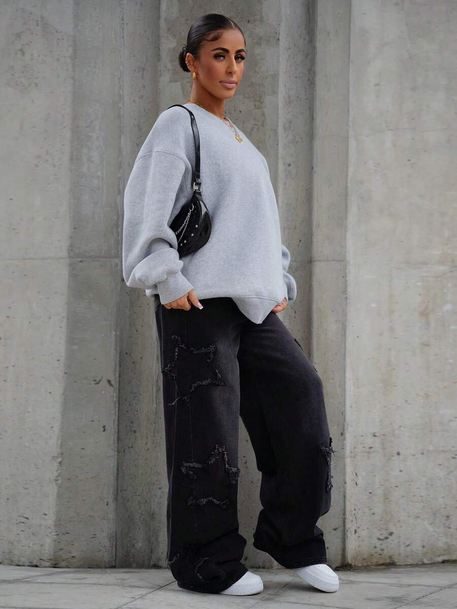 SAYEHFBABY 女款饶舌歌手运动休闲 Grunge 星形图案洗水牛仔裤 - 黑色 - 查看 1