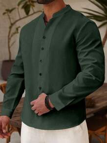 Genlund 1pc Men Plus Size Solid Color Front Button Closure Elegant Long Sleeve Shirt, Fall - Dark Green - View 5