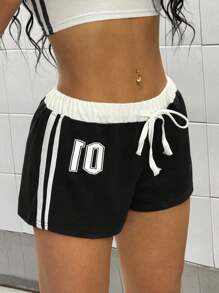 StreetHx Pantalones cortos de verano de ajuste ceñido con impresión de dígitos en azul marino, contraste de cintura y adorno de cintas laterales, para uso urbano