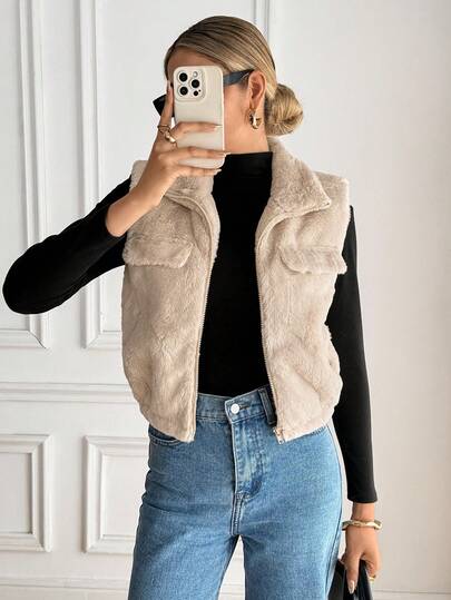 Serisse Women's Solid Color Zipper Front Casual Vest With Faux Fur,Faux Fur Vest Jacket, Vest Jacket For Women, Fur Vest Jacket, Faux Fur Vest, Teddy Sleeveless Jacket,Faux Fur Trim Short Jacket With Decorative Pockets,Fluffy Fleece Sleeveless Jacket,Fall Women Clothes,Winter Clothes Women,All-Season,Winter Outfits For Women,Sleeveless Jacket,Casual Office Outfits Women, French Style Clothes,Business Casual Woman,Commute,Minimalist,Office,Old Money,Simple, Business Casual Woman,Christmas Clothes