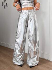 Coolane 女士夏季街头风 Y2K 演唱会外出弹性腰带金属银色裤子 - 銀色 - 查看 7