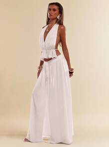 SHEIN BAE 夏季女士休闲度假白色缩水荷叶边下摆系带露背优雅上衣，外出上衣，白色上衣，度假，波西米亚风 - 白色 - 查看 1