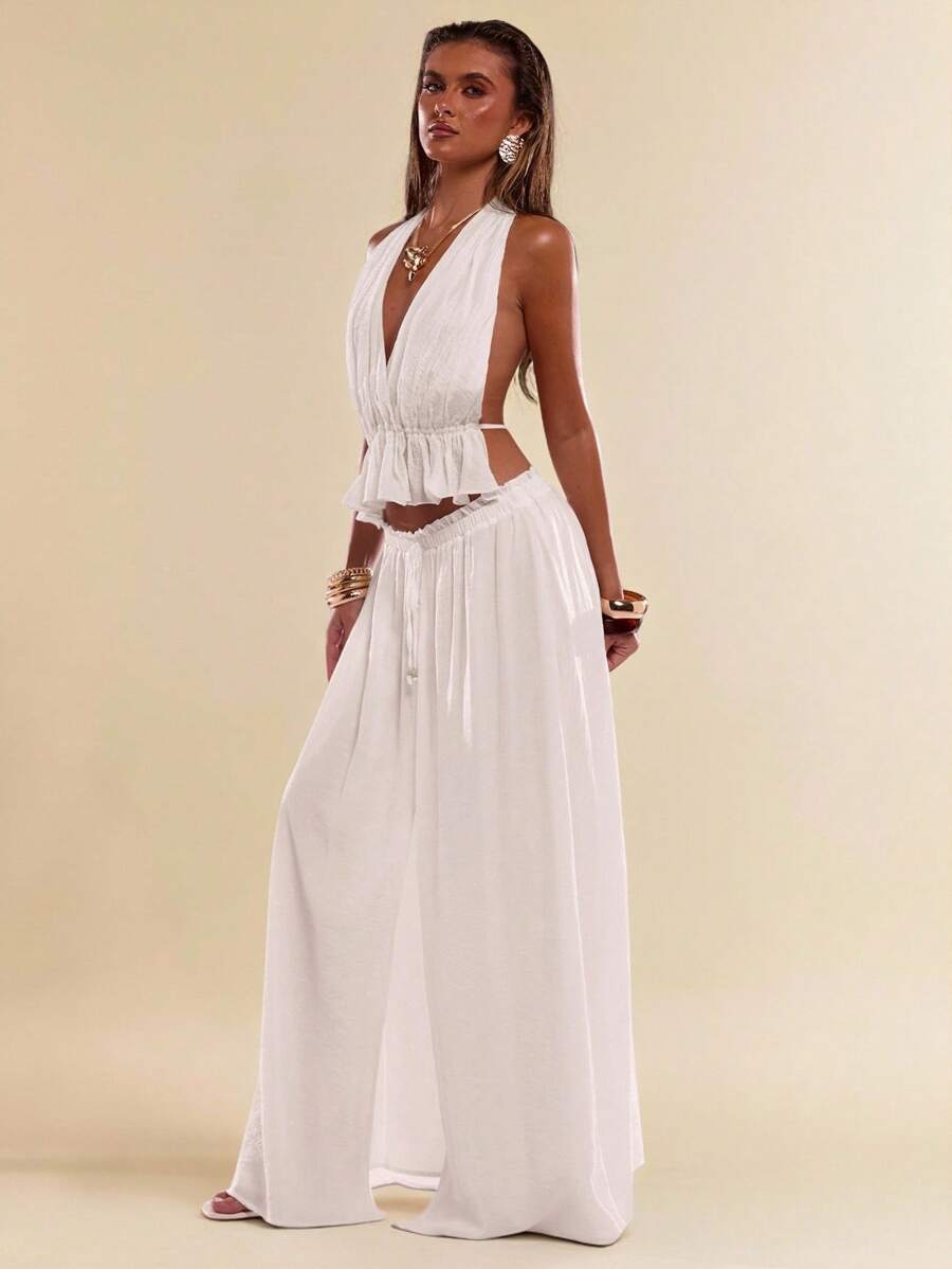 SHEIN BAE 夏季女士休闲度假白色缩水荷叶边下摆系带露背优雅上衣，外出上衣，白色上衣，度假，波西米亚风 - 白色 - 查看 1