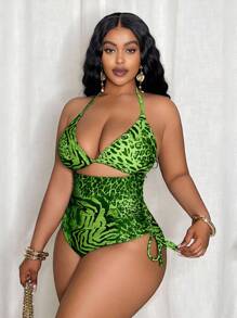 Slaydiva Traje de baño de una pieza con parte superior triangular y lazo lateral en estampado de leopardo de talla grande para mujeres - Verde - Ver 4