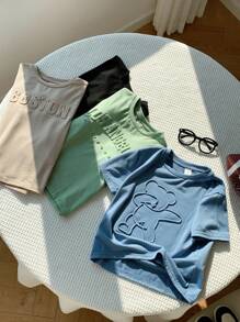 SHEIN 4 件套年轻男孩舒适休闲日常百搭压花字母短袖 T 恤，适合春、夏、秋、冬、日常穿着、运动装、户外、学校、派对、度假、拍照、返校季节 - 彩色 - 查看 5