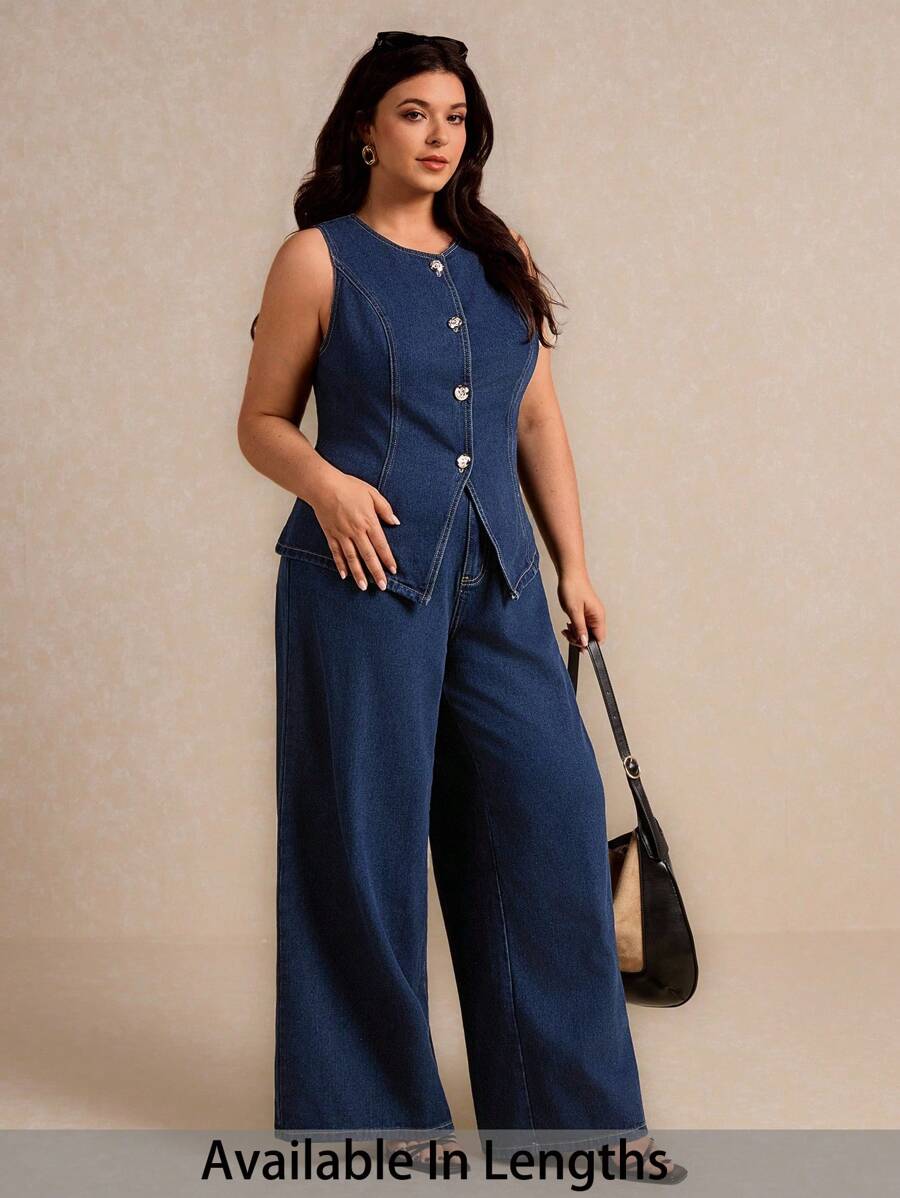 SHEIN Tall CURVE 大码女式两件套：无袖纽扣背心和阔腿牛仔裤，休闲夏秋季女装秋装 2000 年代秋季风格乡村音乐会服装 Old Mone 街头服饰斯德哥尔摩风格商务休闲女装工作服女士外出服装女士机场服装 - 藍色 - 查看 1