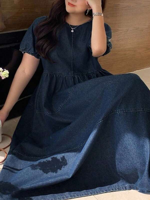 Dazy Plus Dark Washed Blue Round Neck Bubble Short Sleeve Casual Dress, Summer