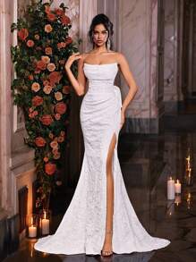 Glamrae Váy Maxi đuôi cá trễ vai bằng vải satin jacquard màu trắng thanh lịch, xẻ tà cao, có thể điều chỉnh dây buộc phía sau, trang trí nơ, thích hợp cho lễ tốt nghiệp, đám cưới, bãi biển, vườn, lễ nhà thờ ngoài trời - trắng - Xem 6