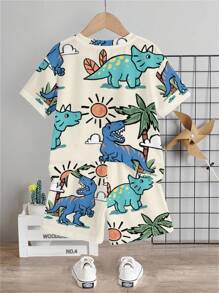 SHEIN Set de 2 piezas de camiseta de manga corta de cuello redondo con estampado de dibujos animados y pantalones cortos casual para niños, verano