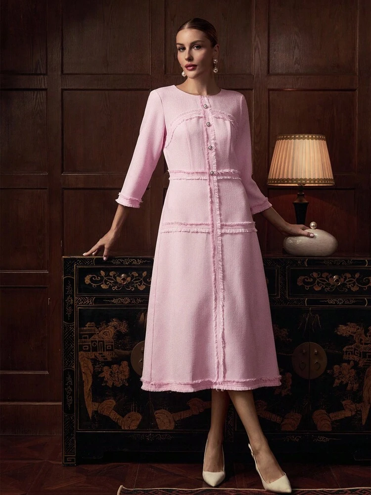ZEYLAH Women's Fashion Pink Round Neck 3/4 Sleeve Fringe Button Design Elegant Dress