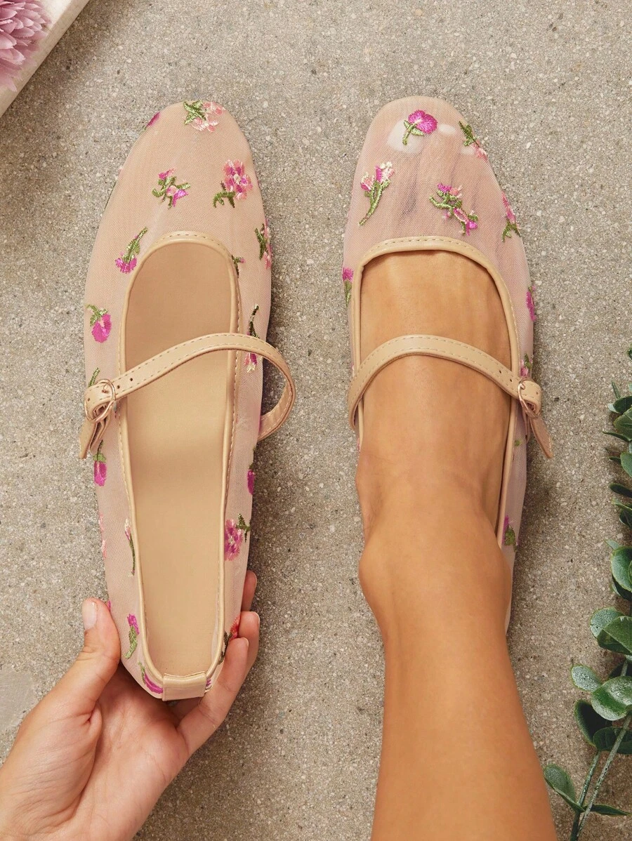 SHUZIA Elegant Women's Nude Embroidered Mesh Mary Jane Flats Vintage-Inspired Multi Floral Ballet Shoes With Strap - Multicolor - View 1