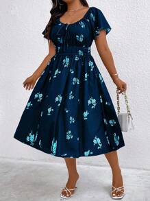 Flirla Floral Print Drawstring Elastic Waist Dress - Navy Blue - View 1