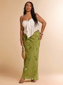 SHEIN BAE 大码夏季草绿色花卉图案亮片精致优雅长裙，鸡尾酒裙/正式秋季婚礼宾客裙