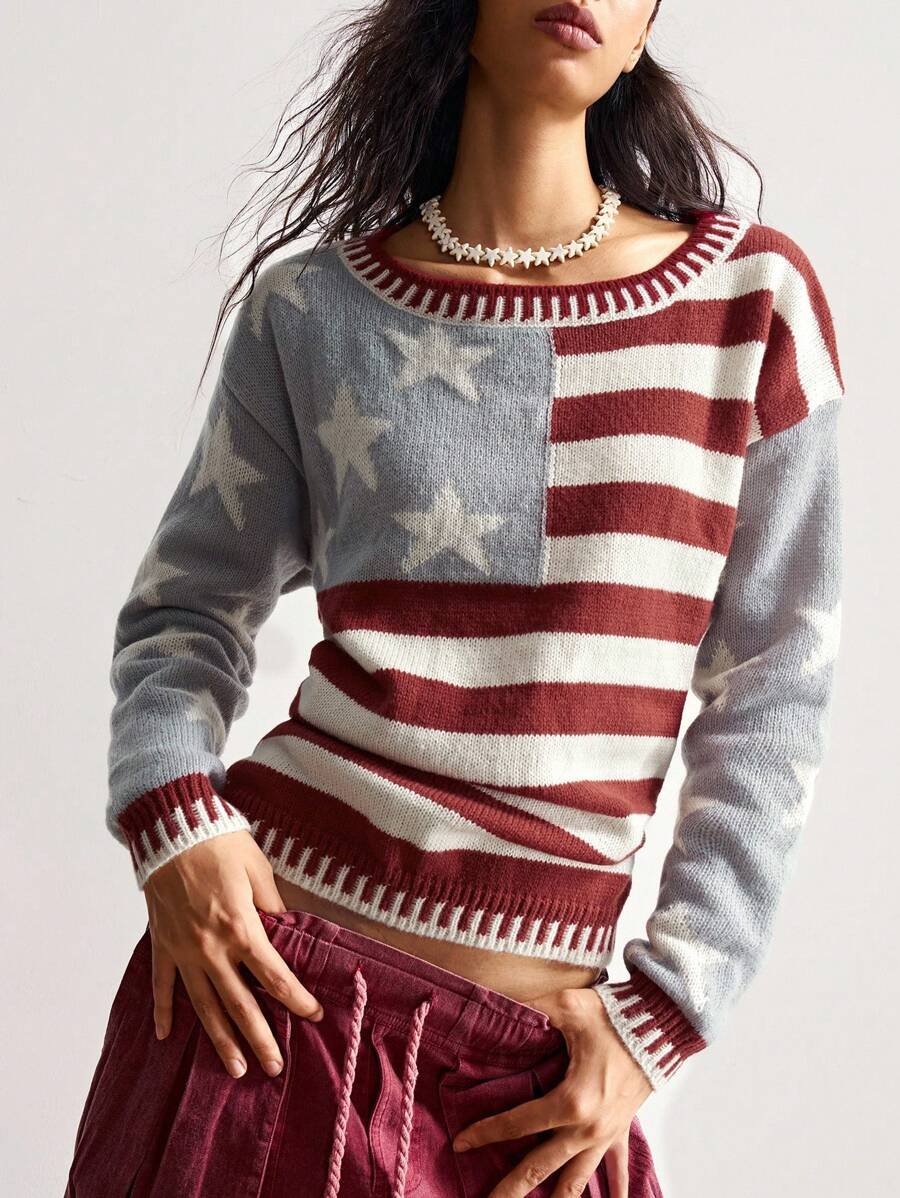 Bohemela Autumn/Winter Boho Retro Striped Star Pattern Usa Flag Graphic Knit Pullover Sweater, Suitable For Independence Day & Vacation & Daily Wear - Multicolor - View 1