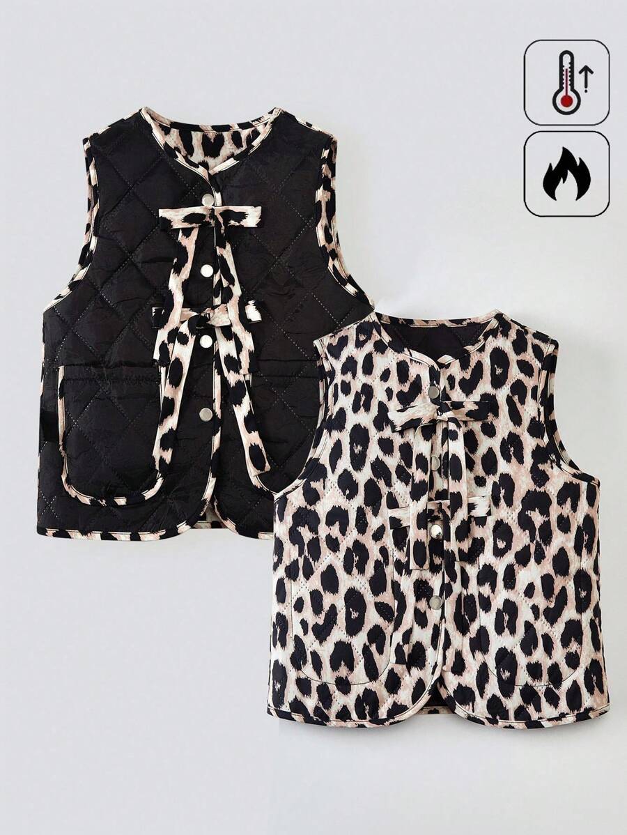 Tween Girl Leopard Print Reversible Front Tie Casual Vest, Winter Jacket Fall - Coffee Brown - View 1