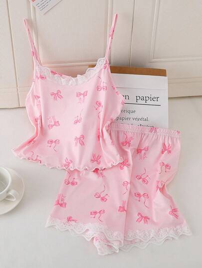 Bộ đồ ngủ áo hai dây + quần yếm trang trí nơ dễ thương cho bé gái tuổi mới lớn
