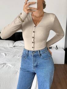 SHEIN Frenchy Cárdigan casual de manga larga de un solo abotonamiento de unicolor para uso diario, blusas de manga larga para mujer