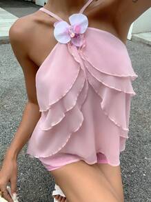 SHEIN Frenchy Blusa de cuello halter sin mangas con volantes en capas de color rosa, un nuevo lanzamiento para el verano y otoño de 2025, ideal para citas, tardes de té, diario, ir y venir y salidas, adornada con decoraciones florales 3D - Rosa Pálido - Ver 3