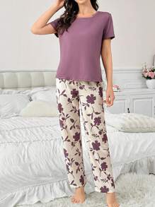 Contrast Color Casual Print Short Sleeve & Long Pants Women's Pajama Set - Red Violet - View 6
