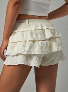 SHEIN PETITE Women's Jacquard Multilayer Ruffle Hem Skorts Shorts - Apricot - View 2