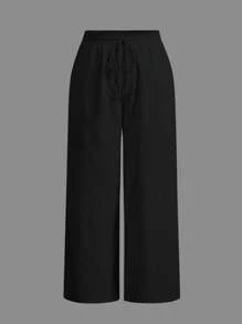 SHEIN EZwear Plus Size Women's Black Woven Loose Wide Leg Pants, Summer - Black - View 5