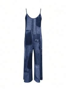 Women's Casual Loose Denim Print Jumpsuit