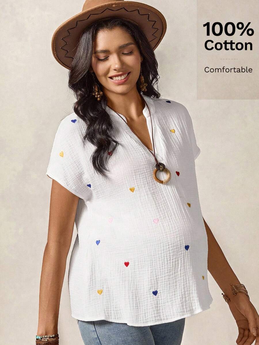 Boho Mama 心形刺绣休闲宽松孕妇短袖衬衫 - 白色 - 查看 1