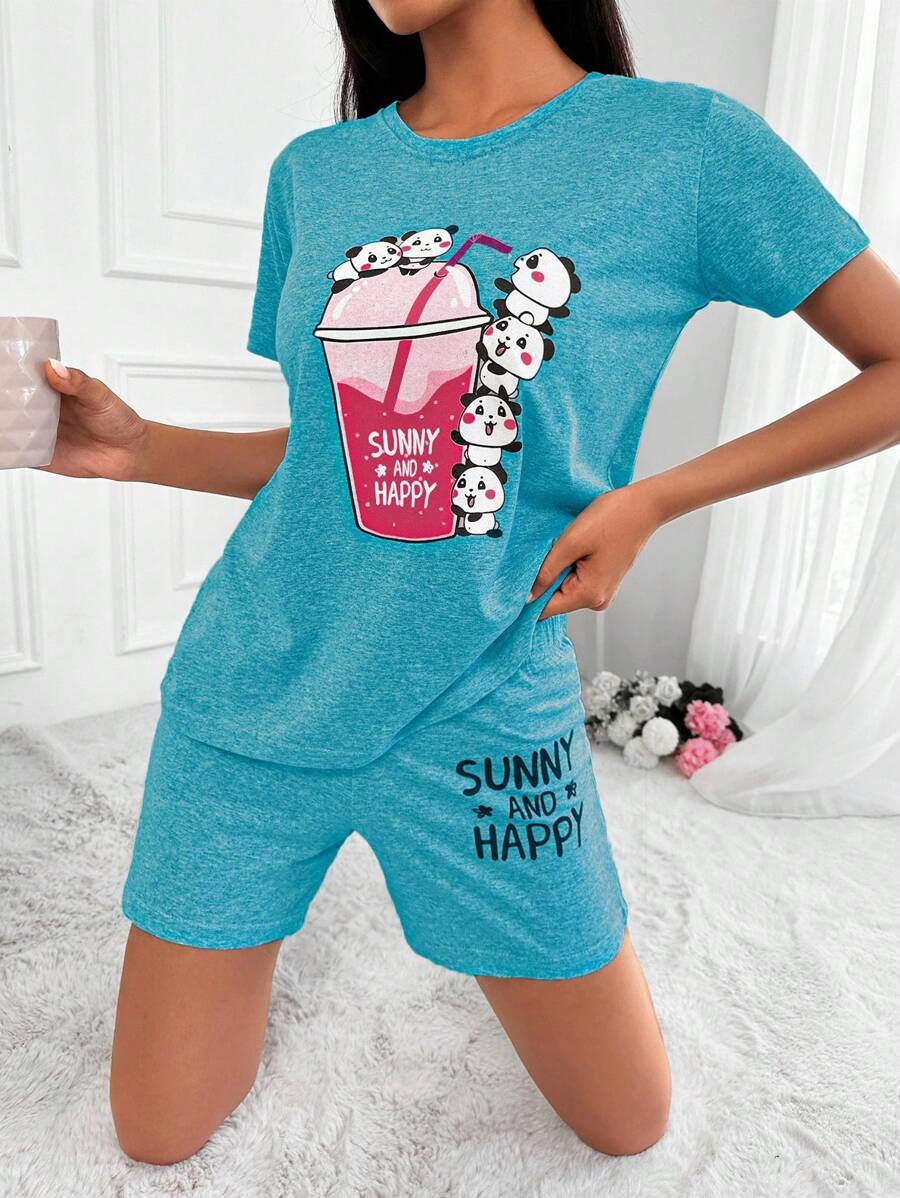 EURMUSE Cotton Cartoon & Slogan Graphic PJ Set - Teal Blue - View 1
