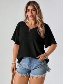 Freevana Plus Size Women's Solid Color Waffle Knit Short Sleeve T-Shirt, Summer,Holiday For Women - Black - View 5