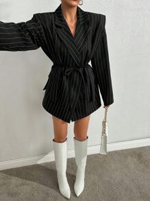 EURMUSE Women's Navy Striped Casual Blazer Jacket - Black - View 3