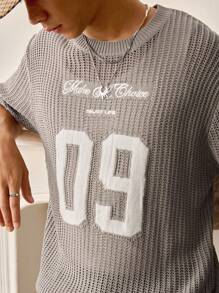 Manfinity VCAY Men's Summer Casual Letter & Number Pattern Hollow Knitted Short Sleeve Top - Khaki - View 7