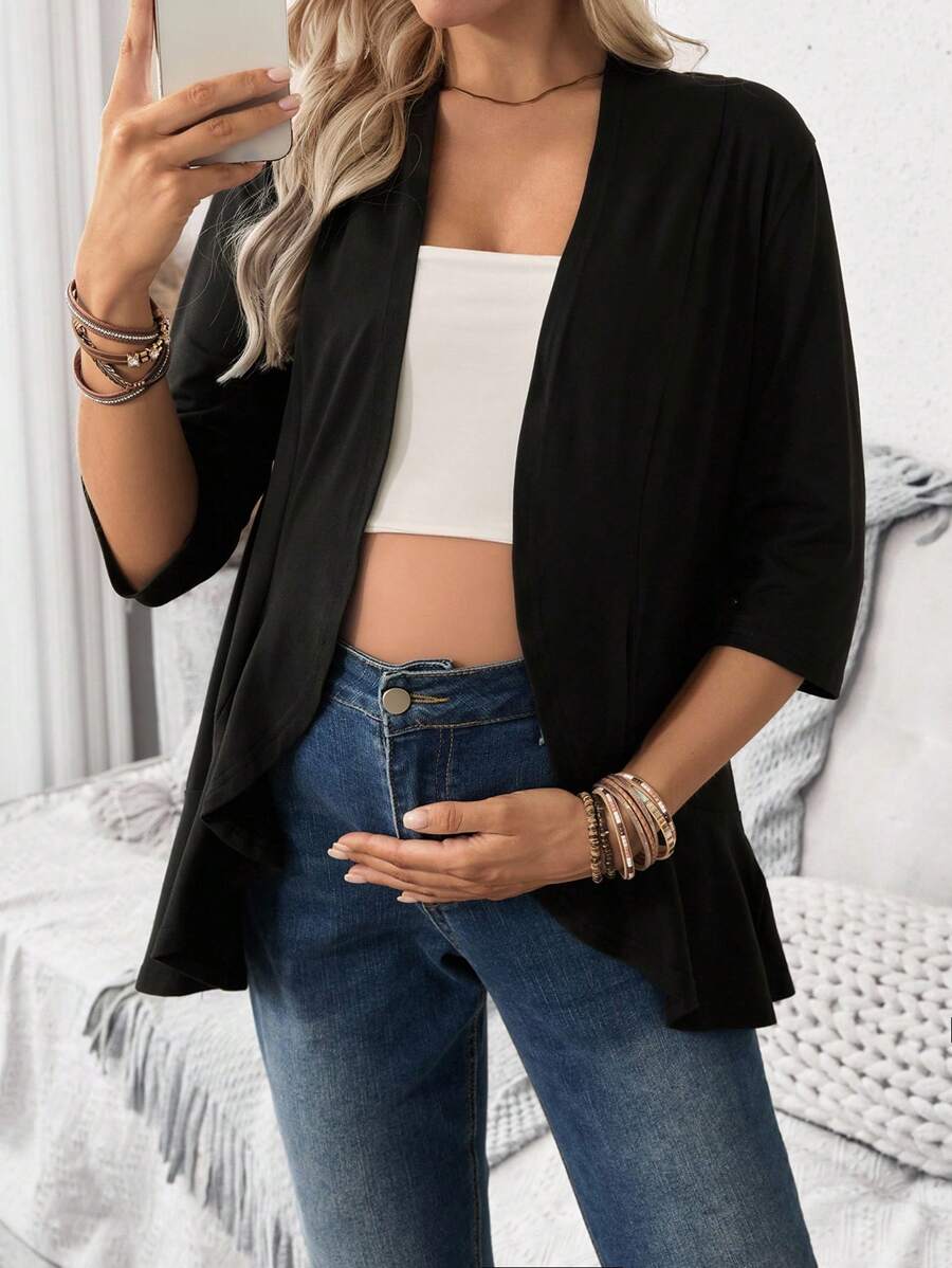 SHEIN Casual Loose Solid Color Maternity 3/4 Sleeve Thin Jacket - Black - View 1