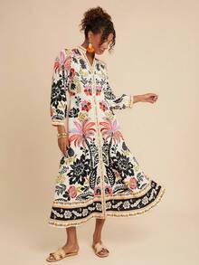 Travachic Đầm midi in họa tiết cây cọ tay dài cài nút thường ngày cho nữ - Màu Khaki - Xem 3