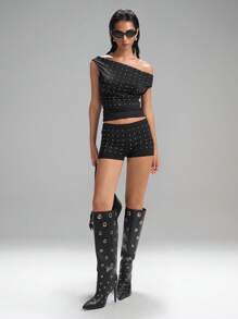 LYSMO Women's Fashion Rhinestone Decor Asymmetric Collar Top, Minimalist Chic,Grunge And Punk Chic, Y2K Clothes, Edgy Clothes Woman And Unique Clothes 2025 New Arrival - Black - View 7