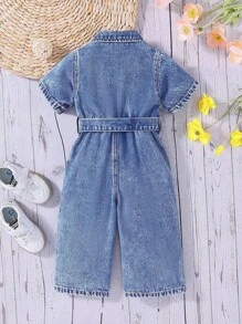 SHEIN Enterizo vaquero de manga corta para bebé niña, cómodo y casual - Azul lavado medio - Ver 2