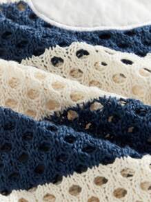 Prep 男士数字图案V领短袖镂空宽松针织条纹套头衫 - 藏蓝色 - 查看 5