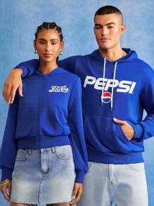 PEPSI X SHEIN 男士休闲日常字母图案口袋抽绳连帽衫，秋季 - 藍色 - 查看 6