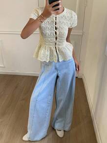 DAZY Suéter de punto casual de cuello redondo de manga corta con ajuste ceñido, dobladillo de encaje de unicolor y parches, para vacaciones, otoño - Beis - Ver 3