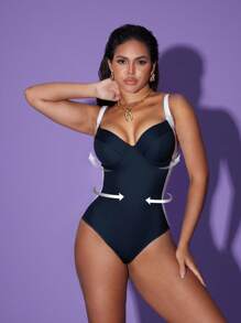 Shapewave 1pc Women Steel Cup Gathered Sexy One-Piece Swimsuit, Solid Color Slimming Swimwear For Summer Beach Vacation - Black and White - View 4
