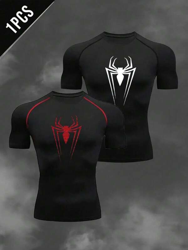 Manfinity Sport Polished Camiseta deportiva de manga corta raglan con estampado de araña para hombres, parte superior de compresión transpirable para entrenamiento y gimnasio