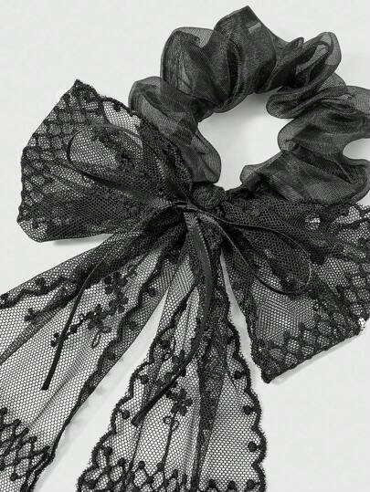 Goth Black Lace & Bow Ribbon Hair Scrunchie, Suitable For Everyday Wear