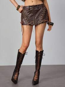 ROMWE Hippie 女式夏季休闲街头时尚 PU 皮革系带拉链迷你裙 - 棕色 - 查看 7