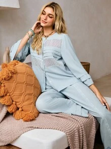 Lullawish 波西米亚风格优雅宽松女士睡衣套装 - 淺藍色 - 查看 1