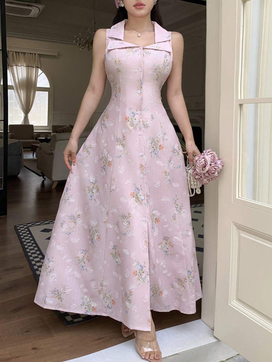 Modelyn 女士时尚浪漫花卉印花长裙 - 粉色 - 查看 1