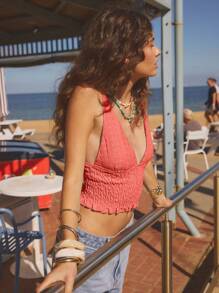 Aralina Áo crop top hở eo chữ V sâu cho kỳ nghỉ của phụ nữ, gợi cảm - Màu Cam san hô - Xem 8