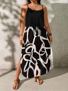 EMERY ROSE Plus Size Abstract Striped Pattern Printed Dress, Suitable For Summer Holiday Boho Suitable For Going Out,Holiday Outfits For Women Chic Dress - Black - View 4